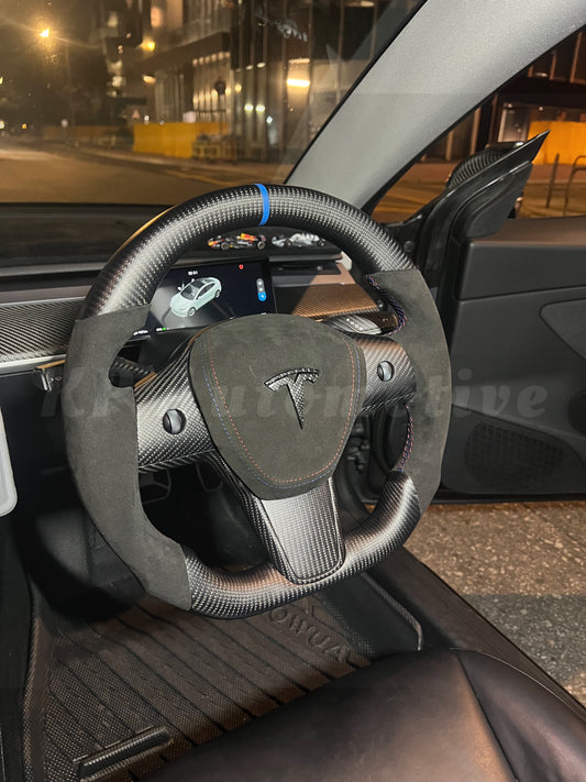 Model Y Matte Carbon Fiber Steering Wheel (Alcantara) - Full Set